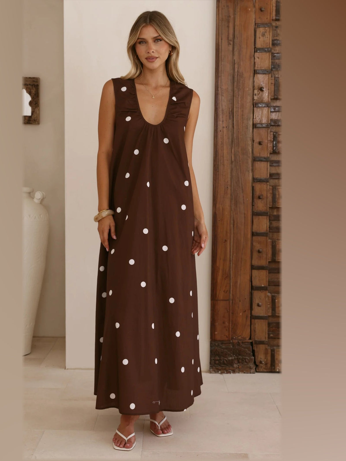 Chocolate maxi formal dress, alternate full-length view showing the skirt