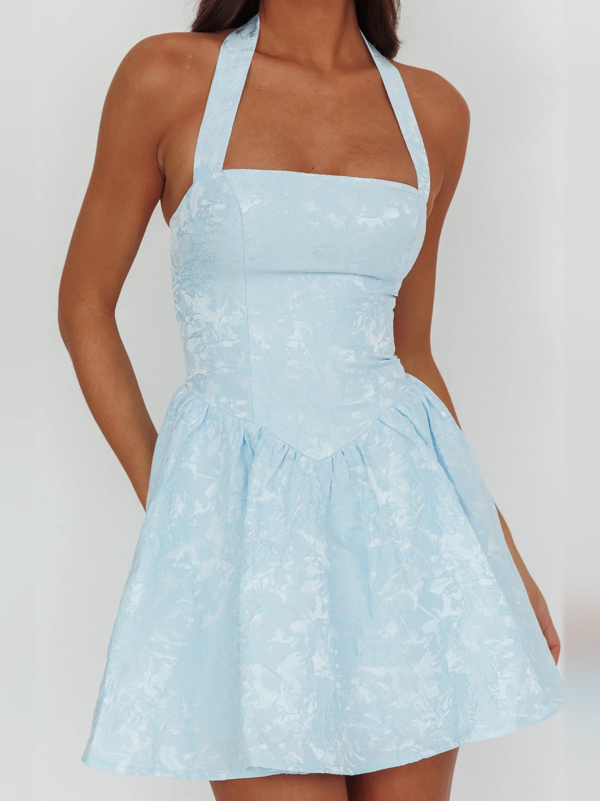 Sky blue halter-neck corset bodice mini A-line dress with textured fabric