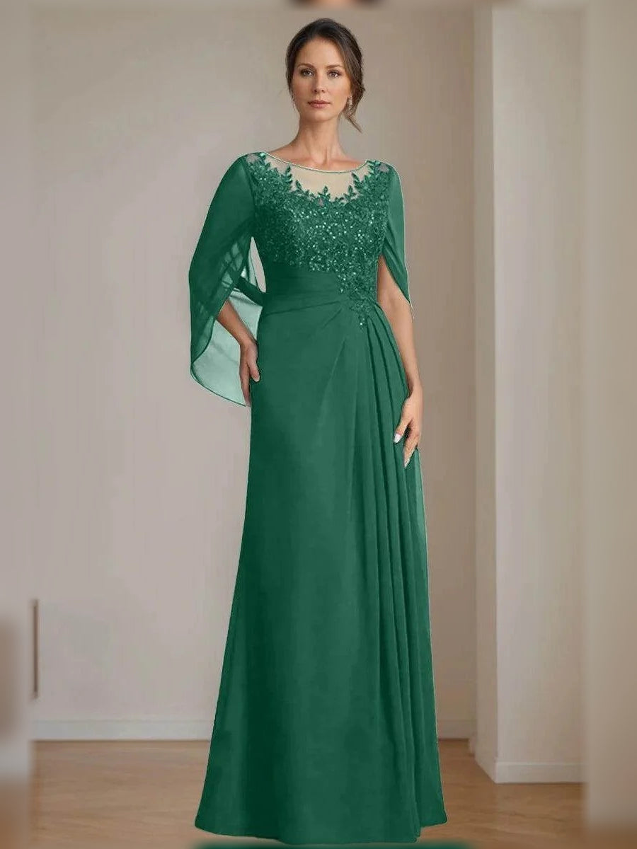 Emerald green chiffon A-line mother-of-the-bride dress with illusion floral lace bodice