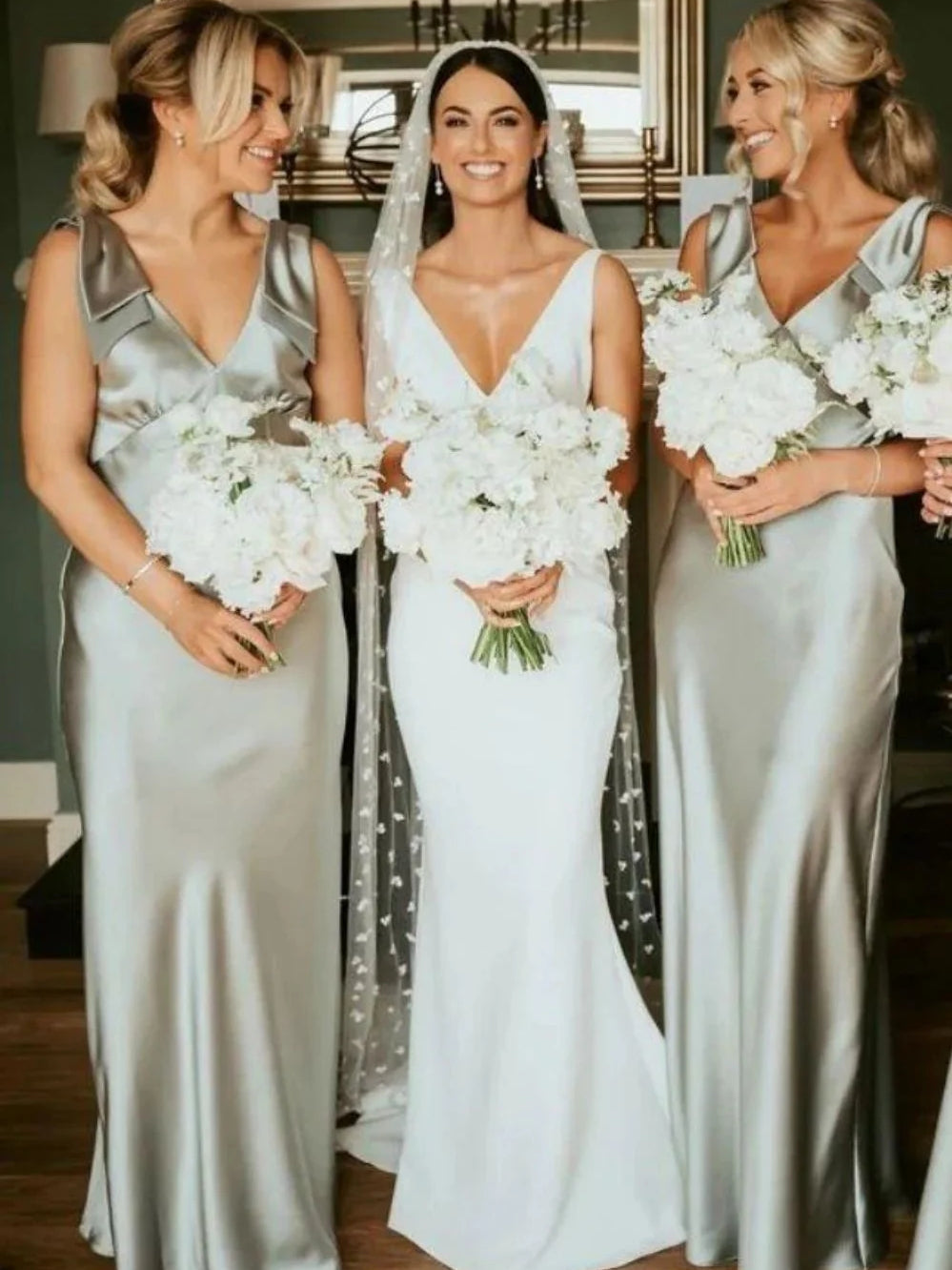 Sage satin A-line bridesmaid dresses, backless V-neck, floor-length with soft bow straps