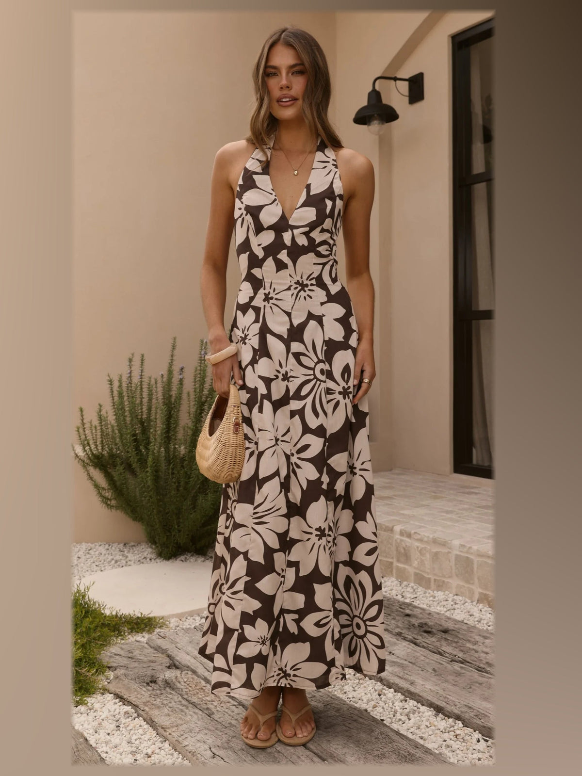 Chocolate Floral maxi formal dress, alternate full-length view showing the skirt