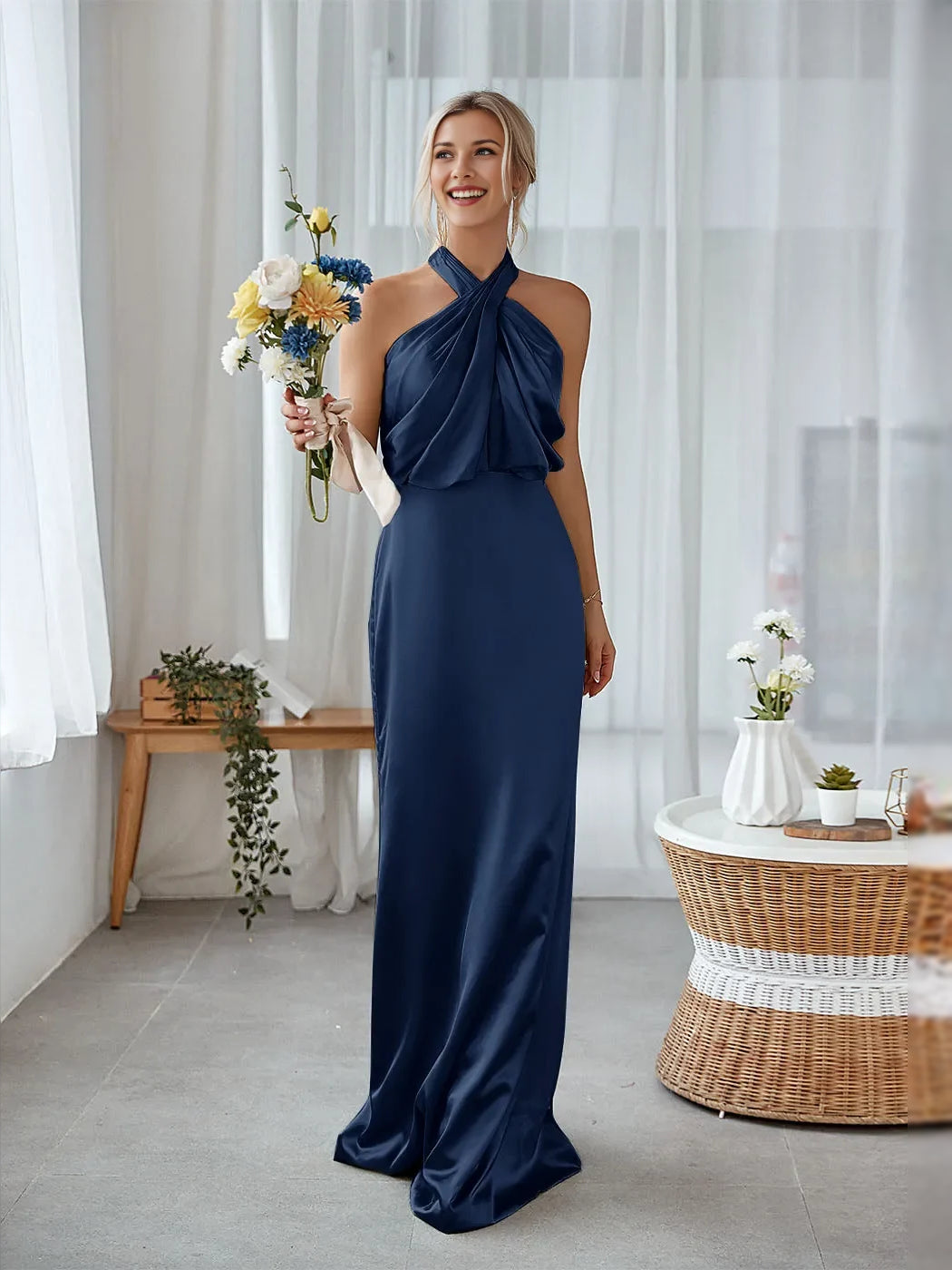 Dusty blue satin mermaid halter dress with draped cut-out bodice, floor length