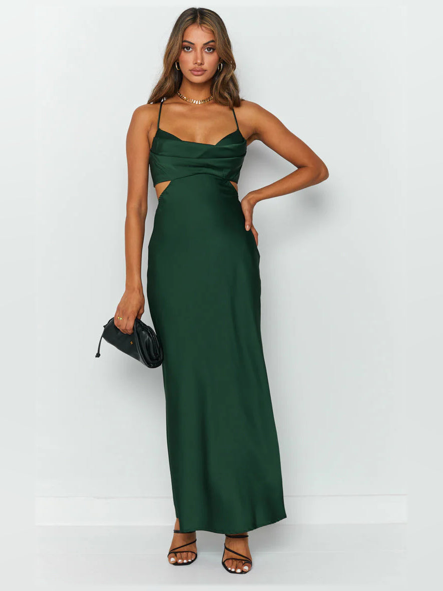Green sheath maxi formal dress with cutout detail, alternate full-length view showing the waist