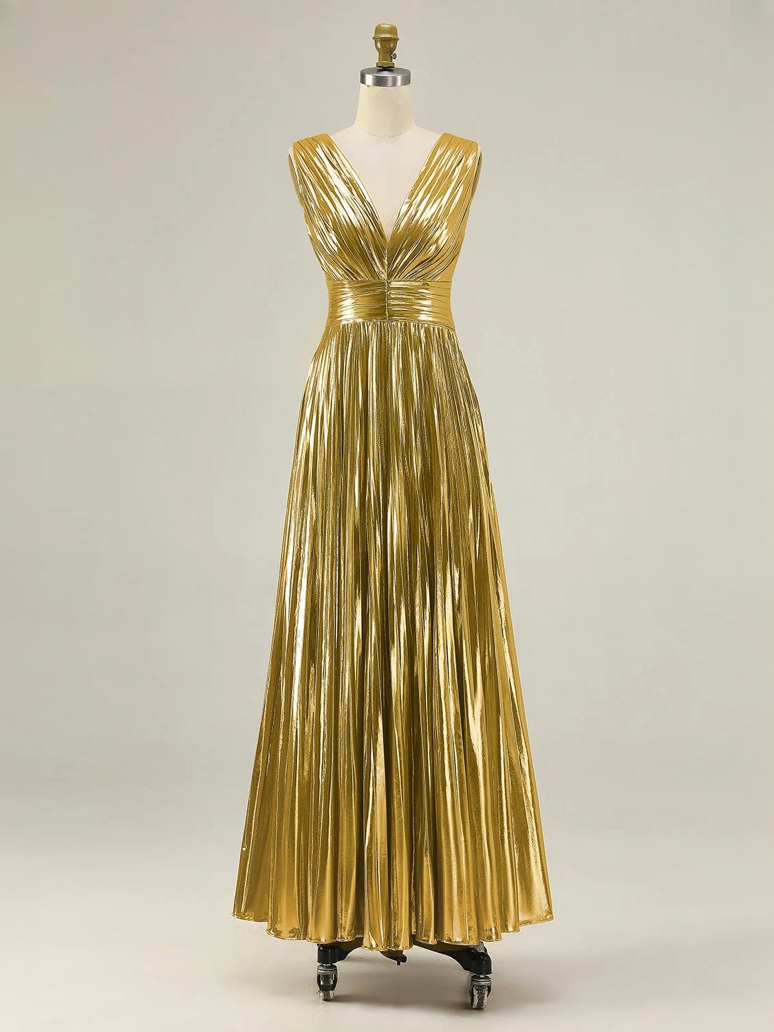 Gold sequined V-neck sleeveless A-line floor-length prom dress on mannequin