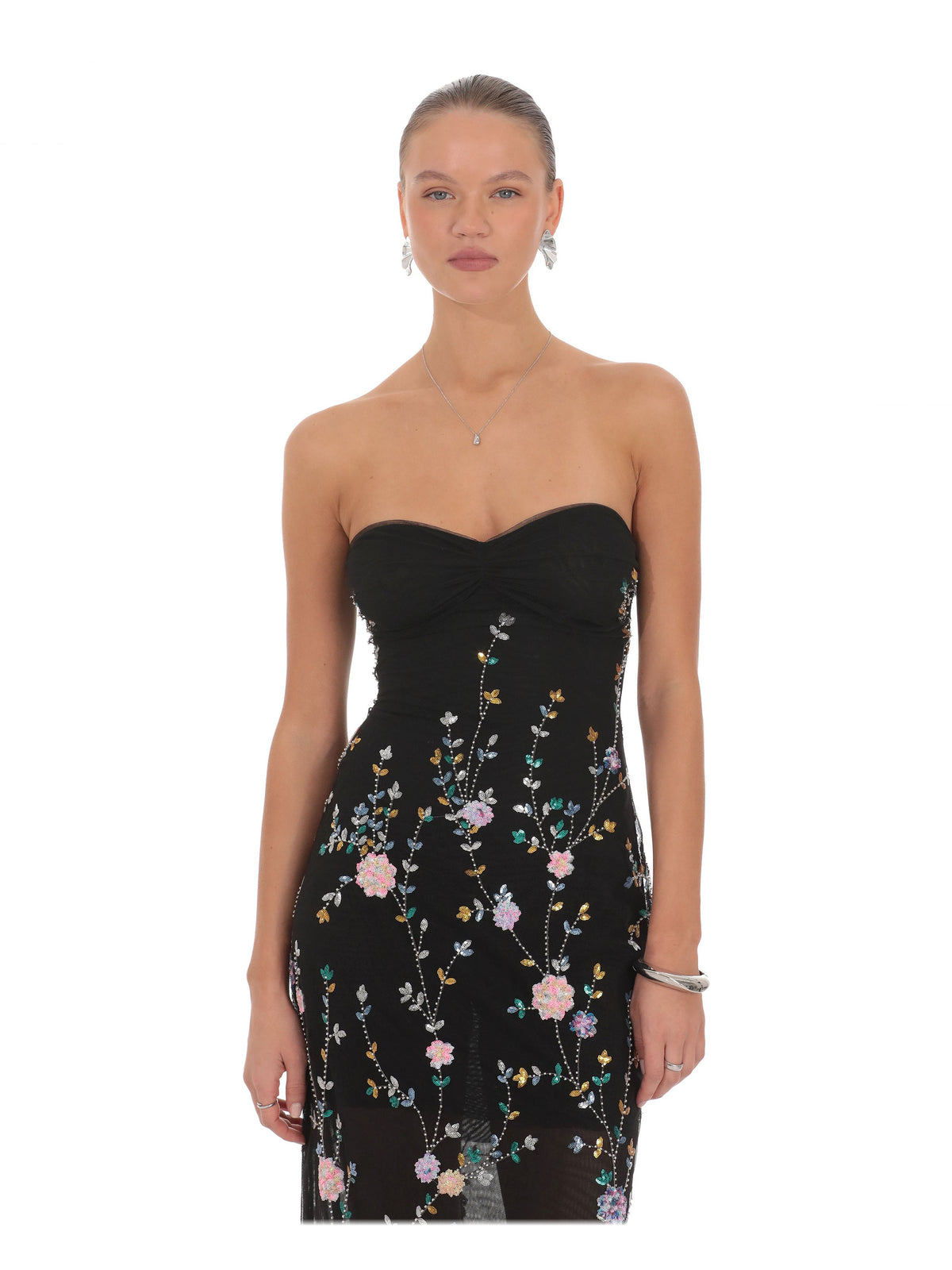 Black bridesmaid dress with a-line detailing