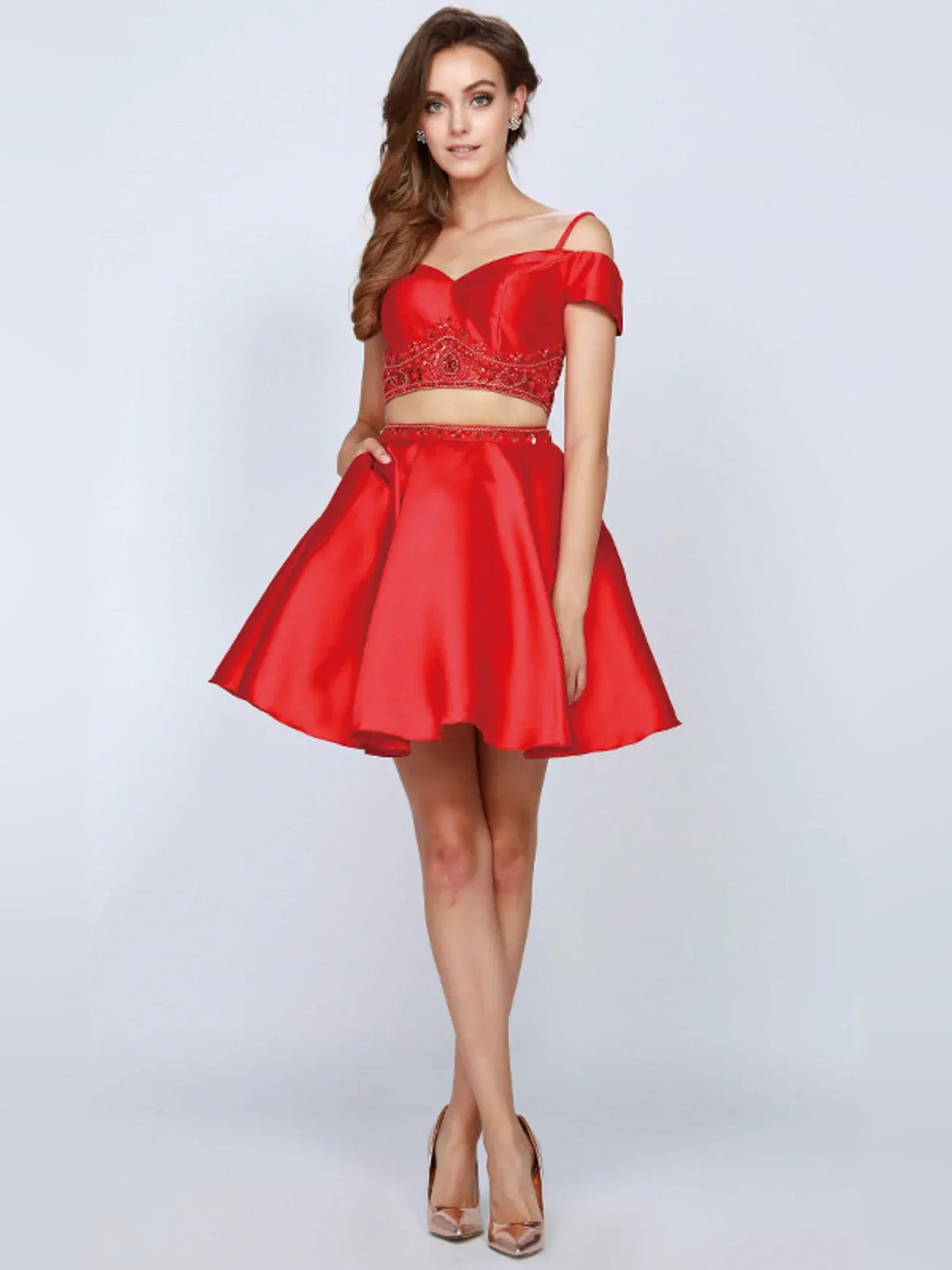 Red off-shoulder satin short dress with sweetheart neckline, beaded bodice and flared skirt