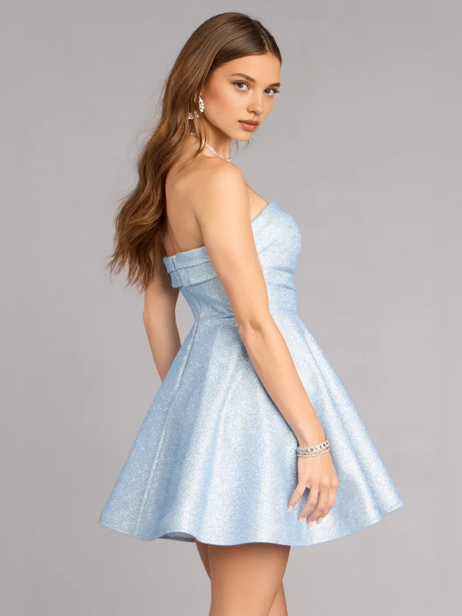 Light blue strapless sequin mini dress with structured sweetheart bodice and short flare