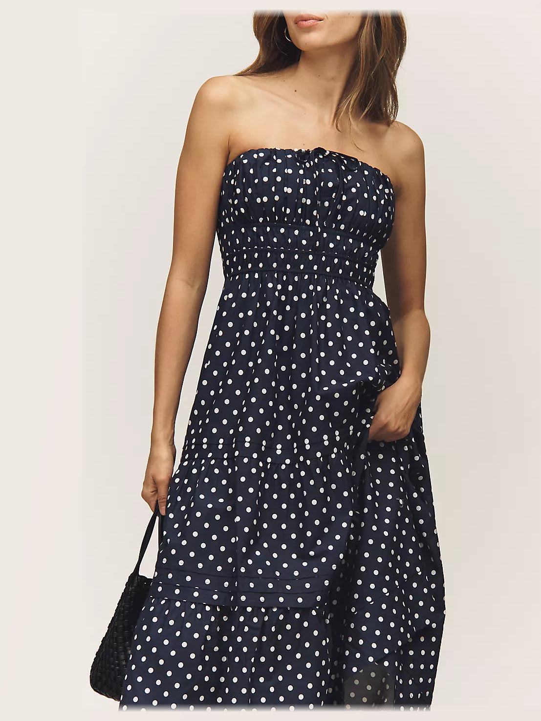 Navy Polka Dot formal dress with a-line detailing