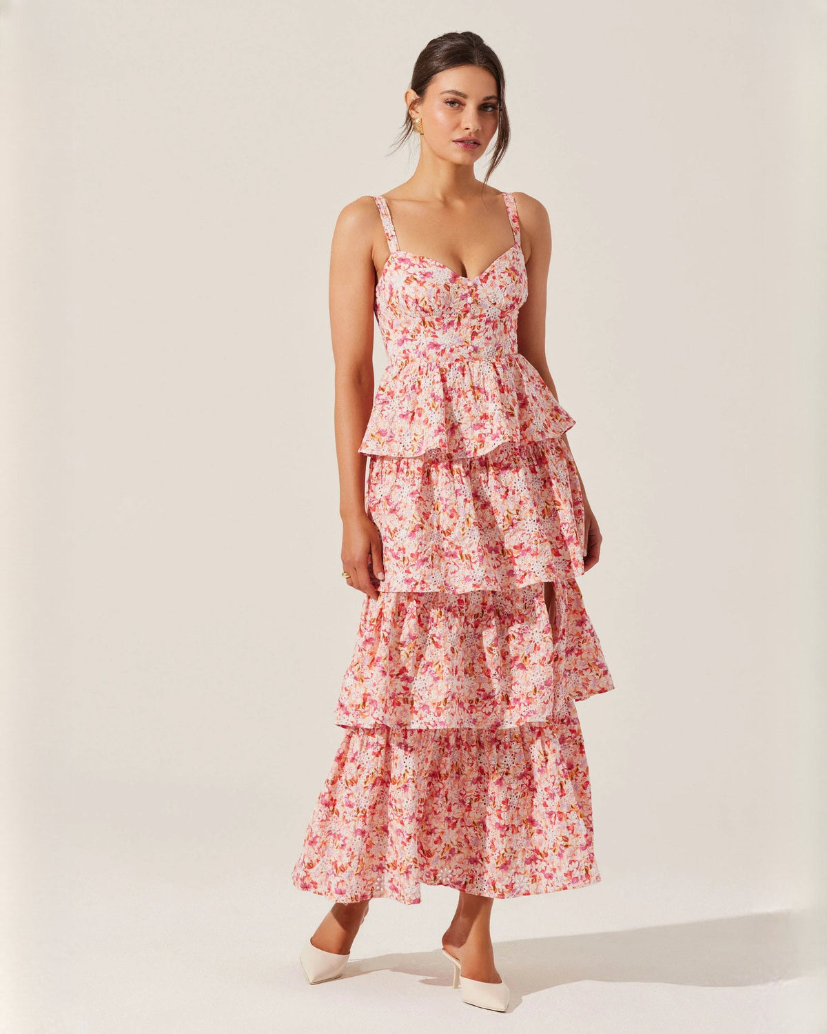 Pink floral sleeveless chiffon maxi dress with layered ruffle skirt and front slit
