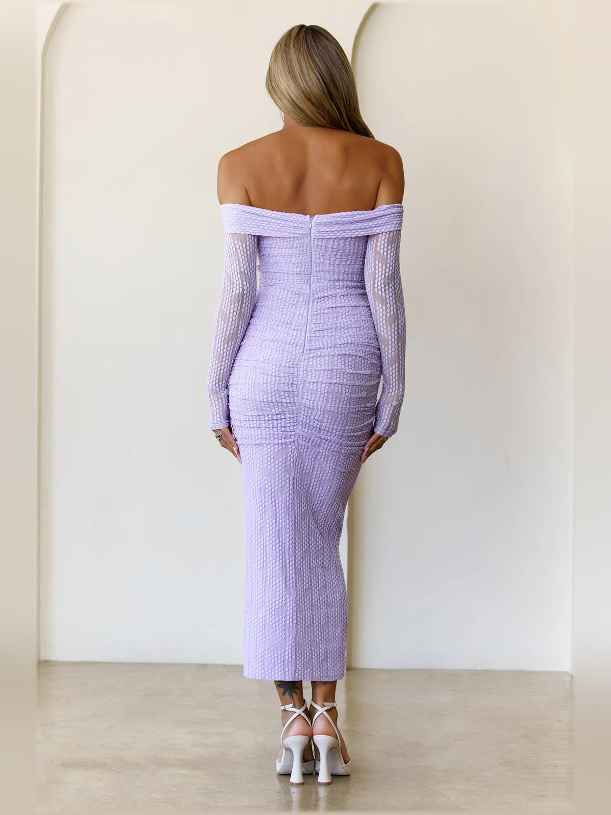 Lilac mesh midi formal dress with off-shoulder back and long sleeves