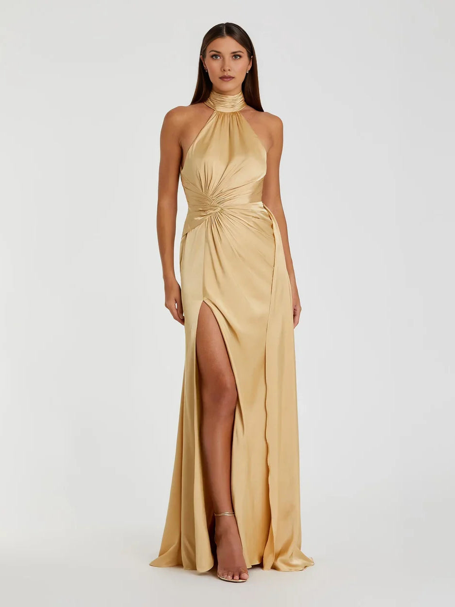Champagne satin halter sheath prom dress with ruched waist and side slit, floor length