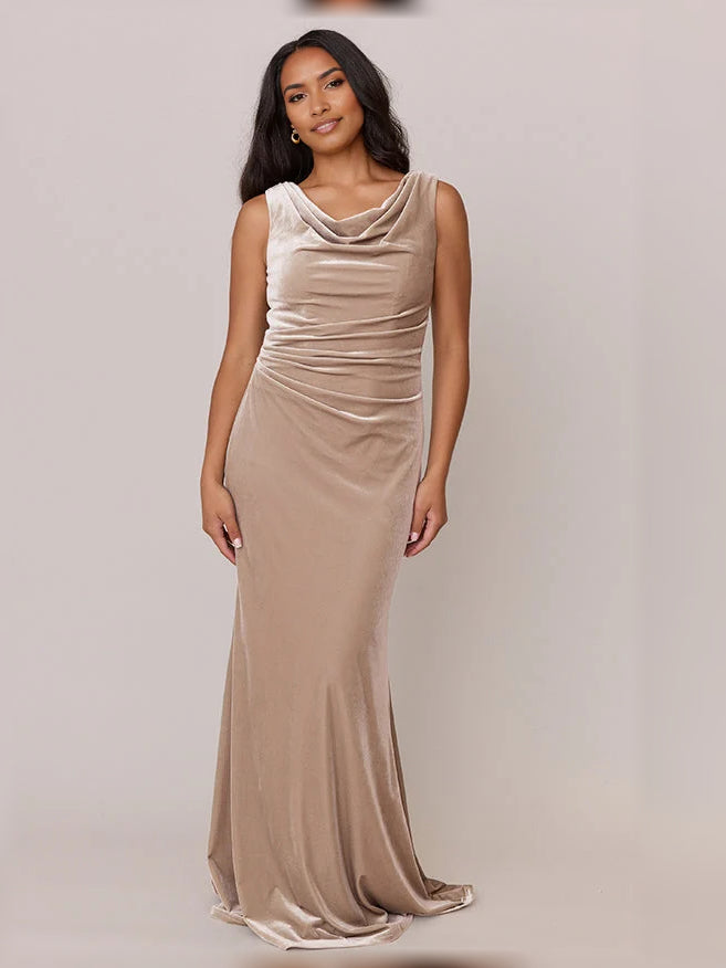 Champagne velvet mermaid bridesmaid dress with draped cowl neckline, sleeveless