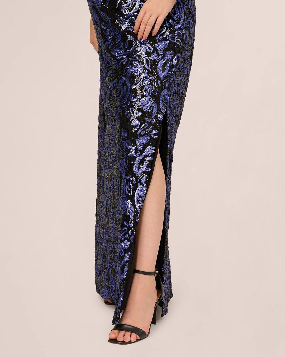 Navy blue embellished maxi dress with side slit and feather-like sleeve detail