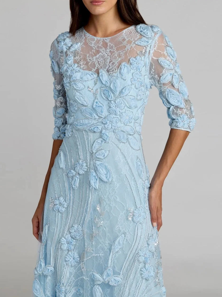 Sky blue lace floral V-neck sheath dress with three-quarter sleeves and textured appliques