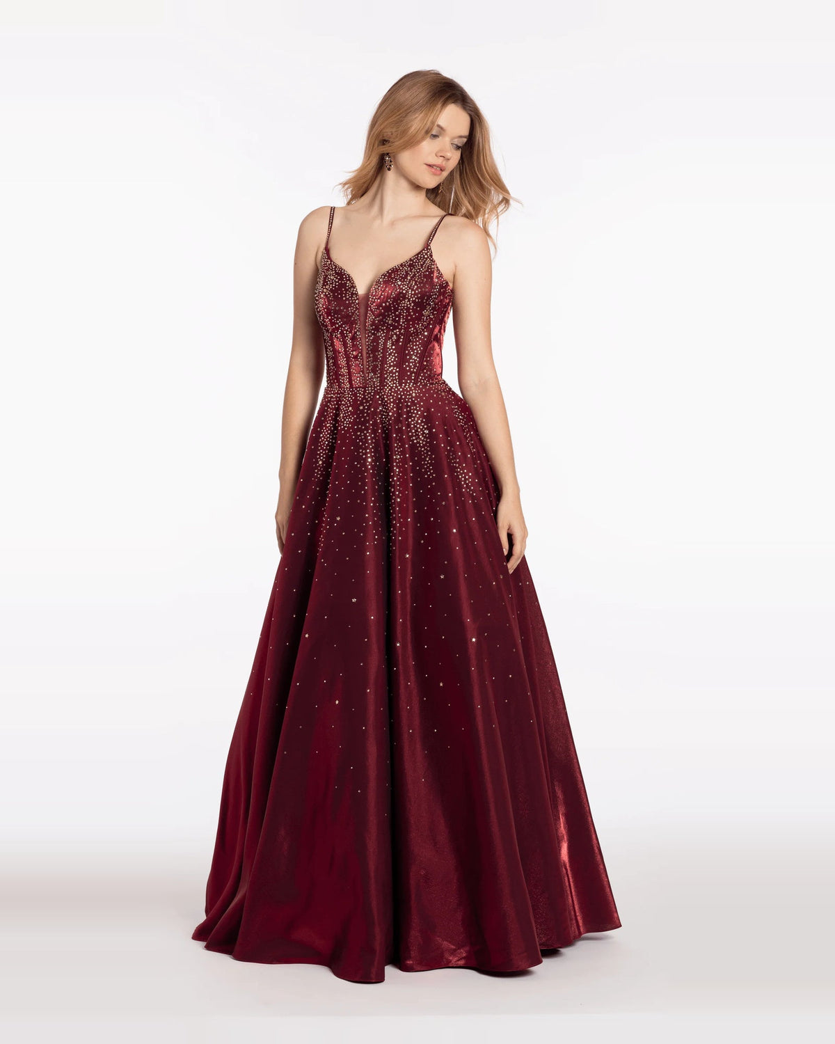 Burgundy sequin corset prom dress with sweetheart neckline, thin straps, full floor-length skirt