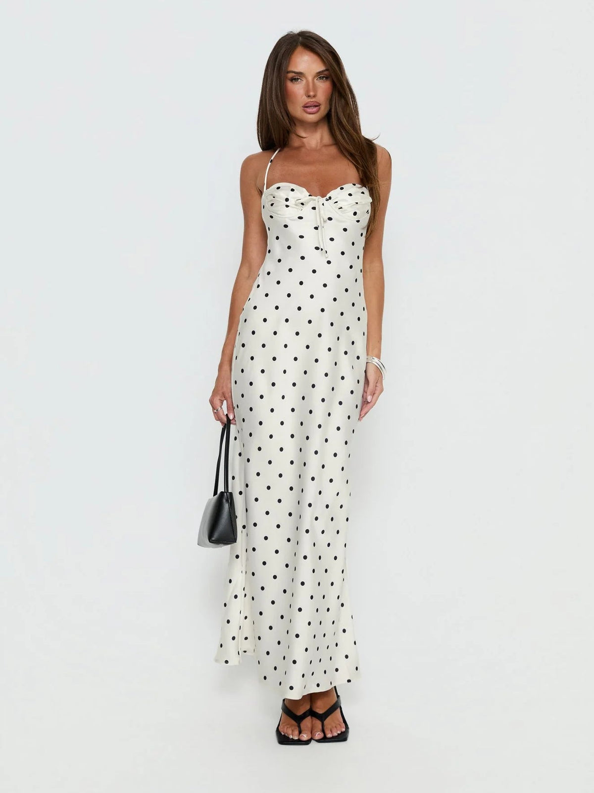 Cream Polka Dot formal dress with a-line detailing