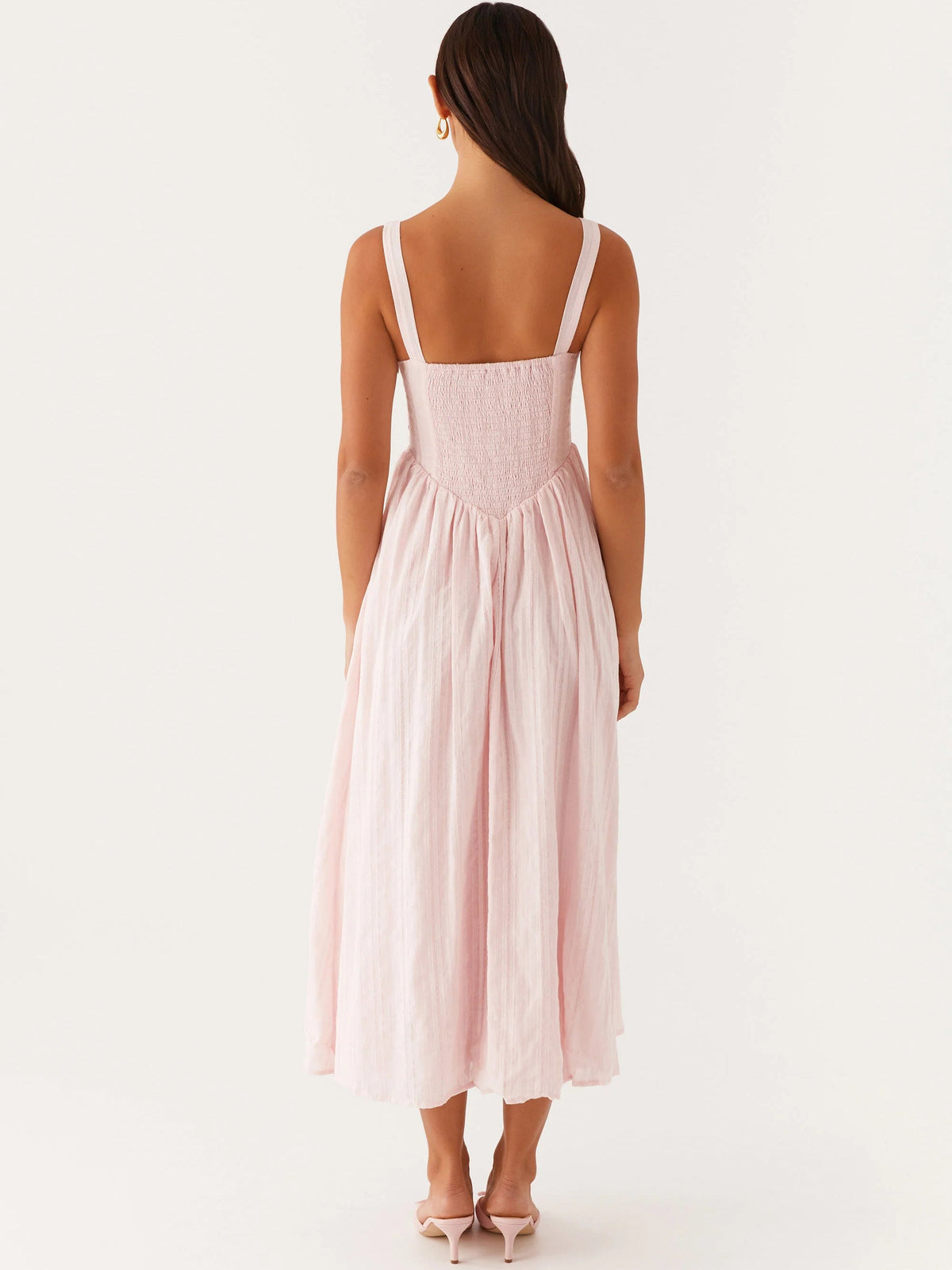 Pink midi formal dress back view with adjustable straps and gathered waist