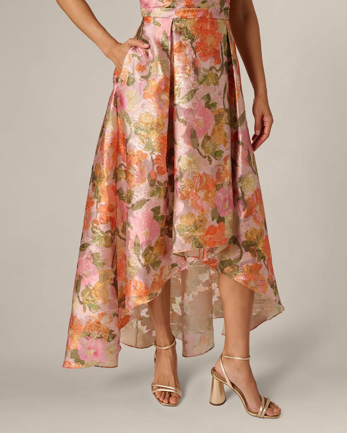 Floral A-line maxi skirt with asymmetrical drape and multicolor print, layered hem