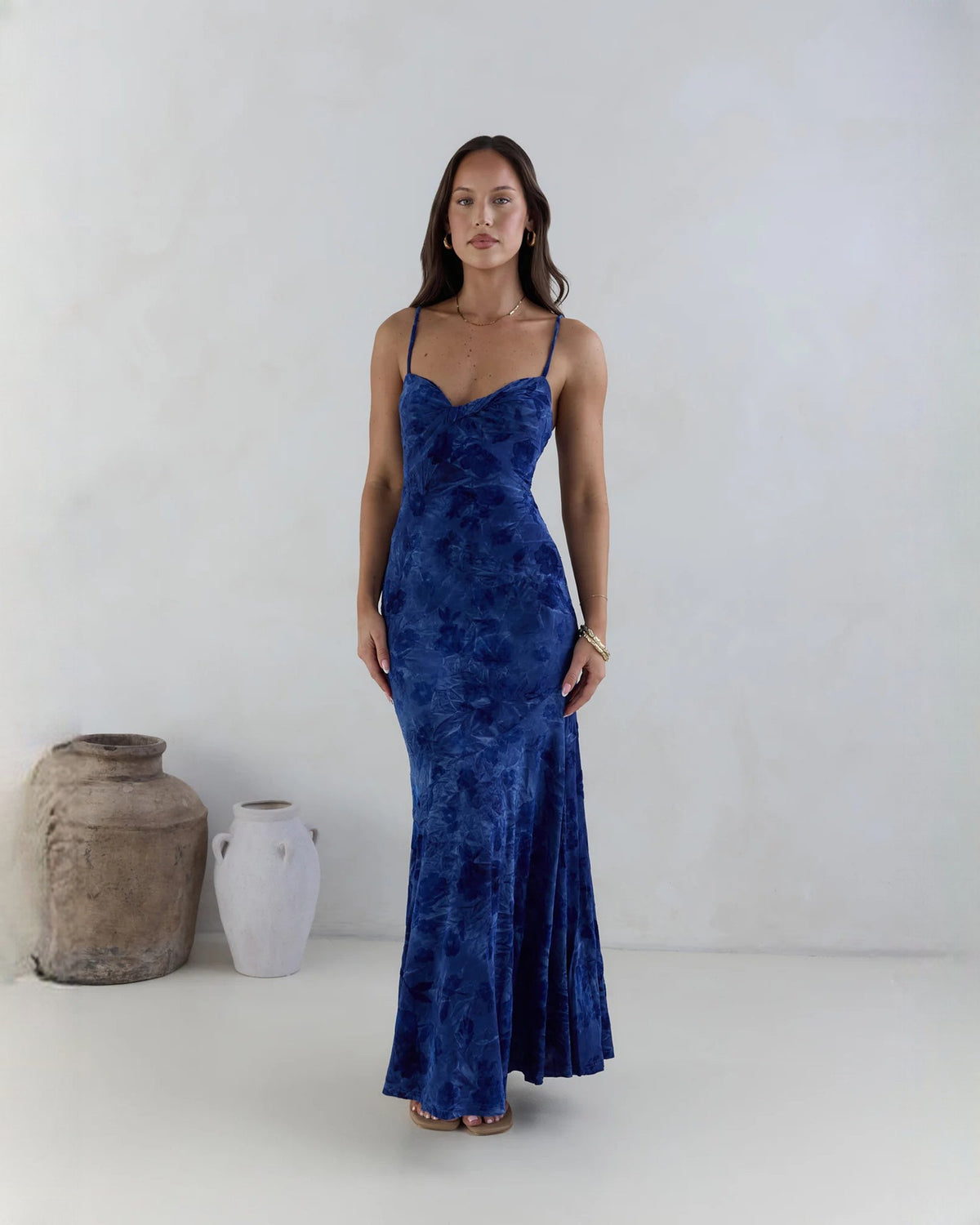 Navy sleeveless mesh maxi A-line dress with spaghetti straps and sweetheart neckline.