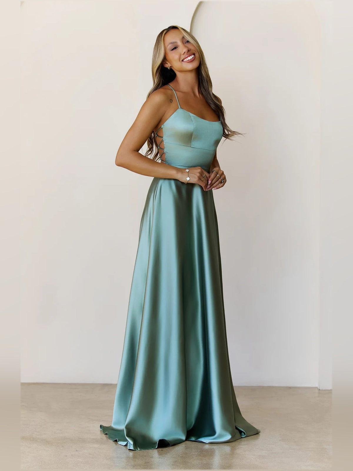 Sage a-line maxi formal dress with skirt slit, alternate view showing the waist
