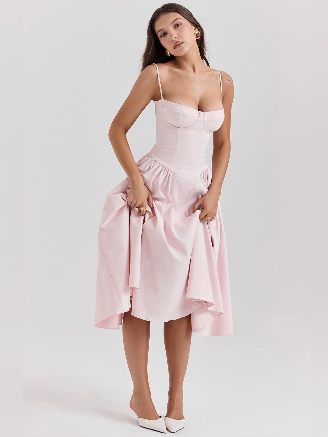 Pink corset midi formal dress with thin straps and flared pleated skirt