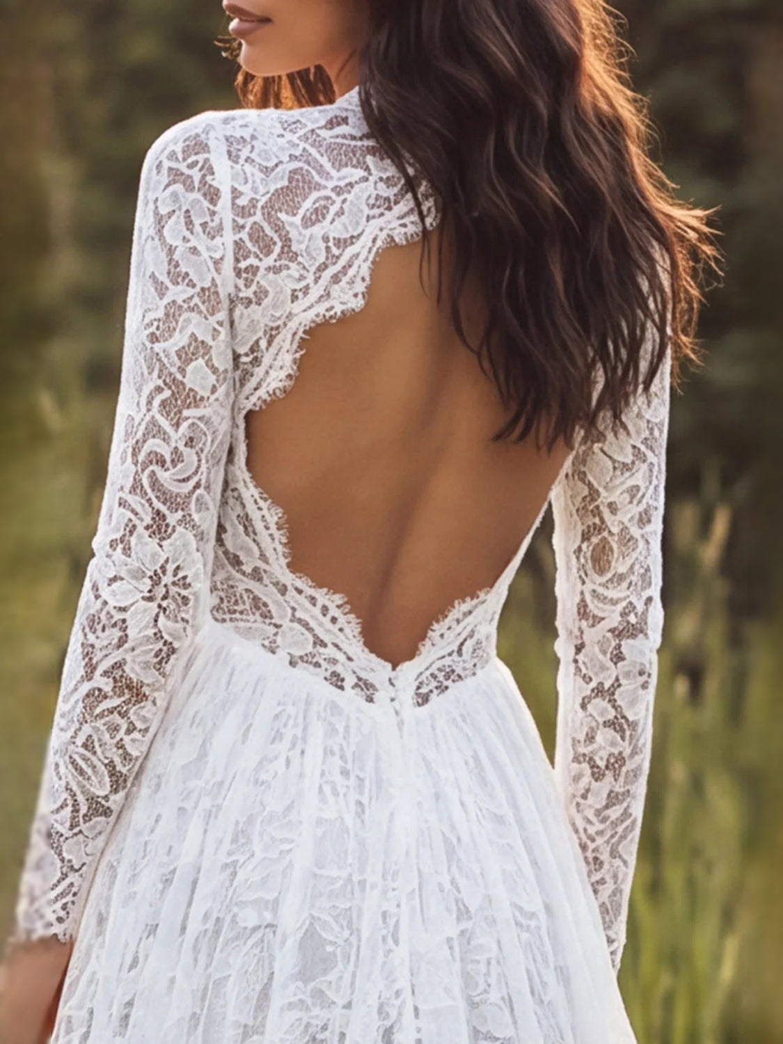 Ivory lace backless wedding dress with V-neck front, long sleeves, tiered A-line skirt