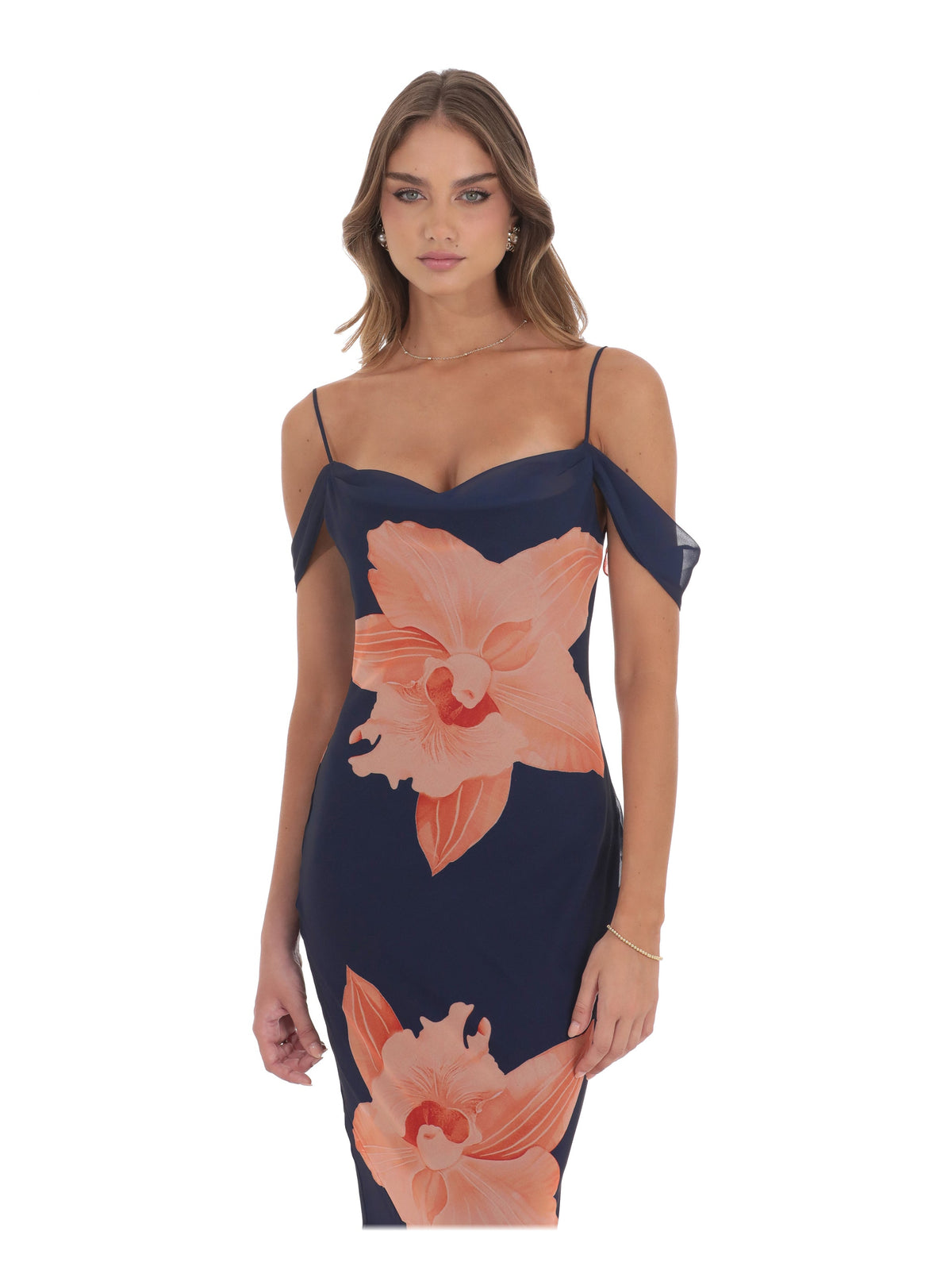Navy bridesmaid dress with a-line detailing