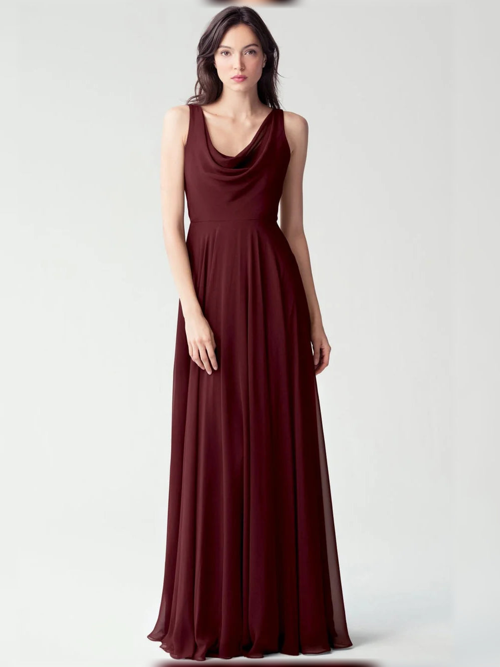Burgundy cowl-neck A-line chiffon floor-length dress, sleeveless