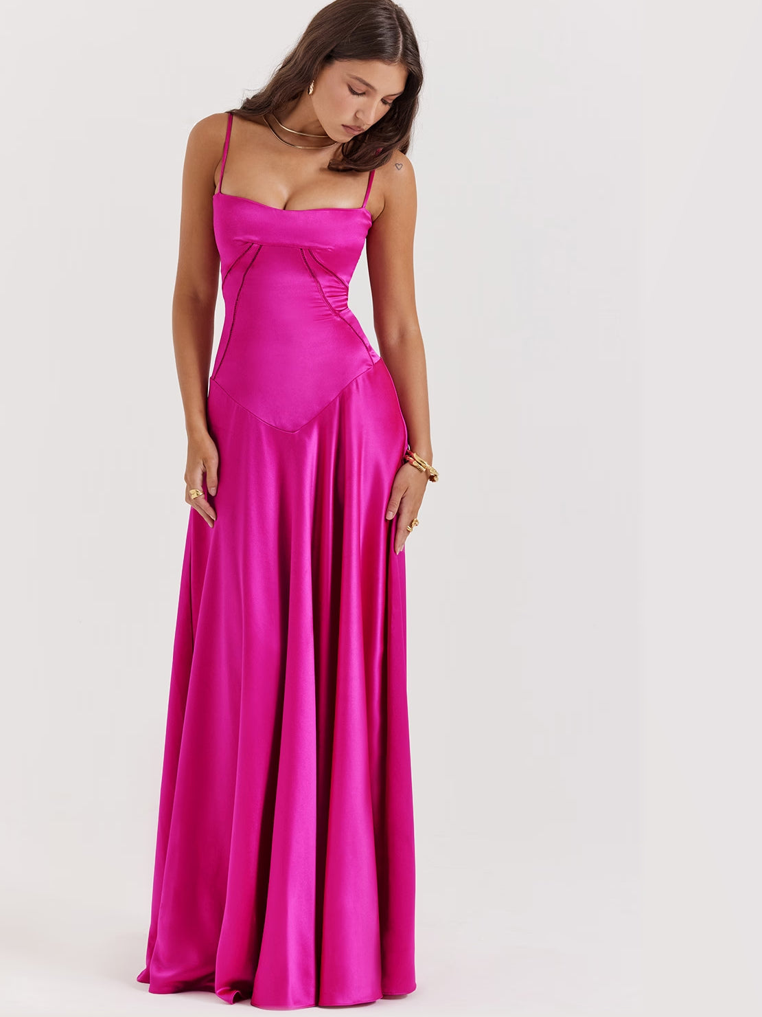 Fuchsia maxi formal dress, alternate full-length view showing the skirt