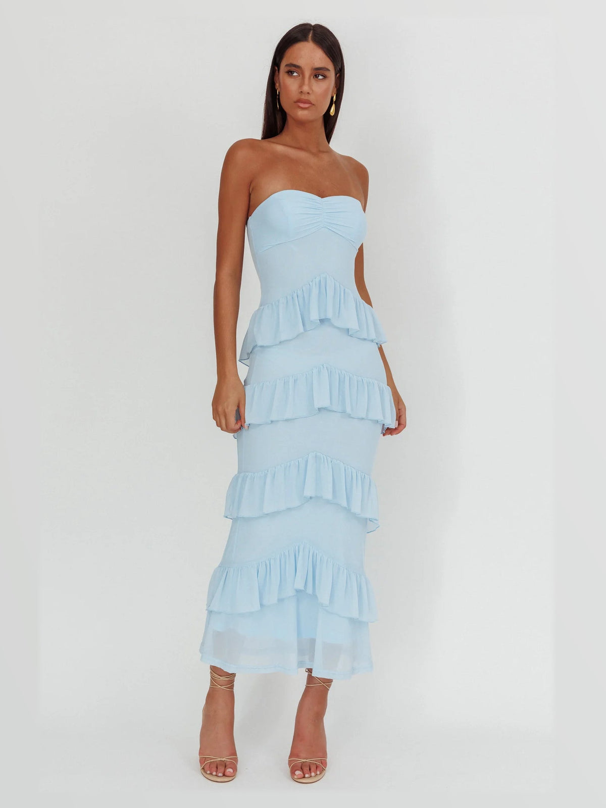 Light blue strapless sweetheart tiered midi formal dress with cascading ruffle tiers
