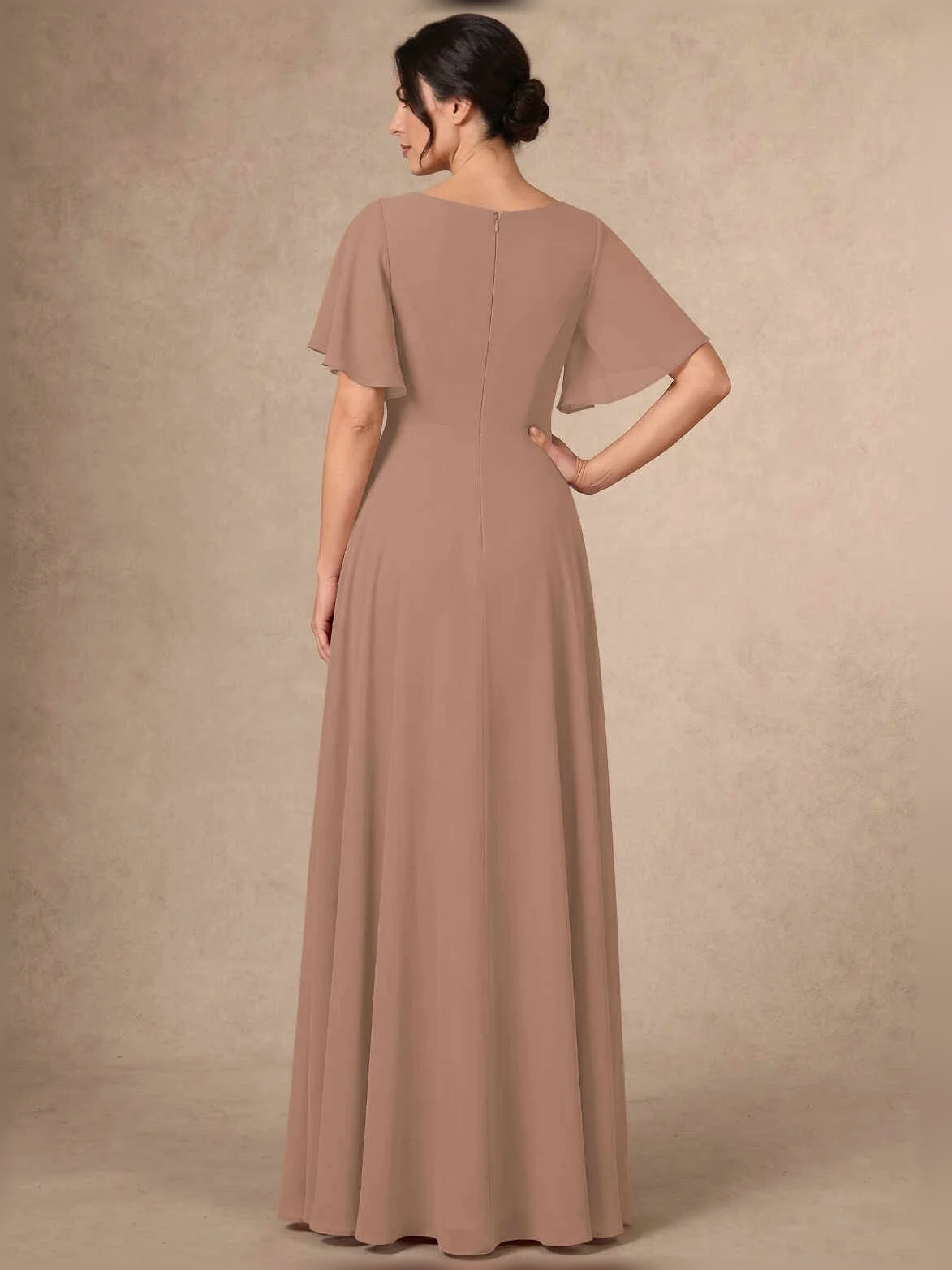 Champagne sequin A-line maxi chiffon dress, back view with flutter sleeves