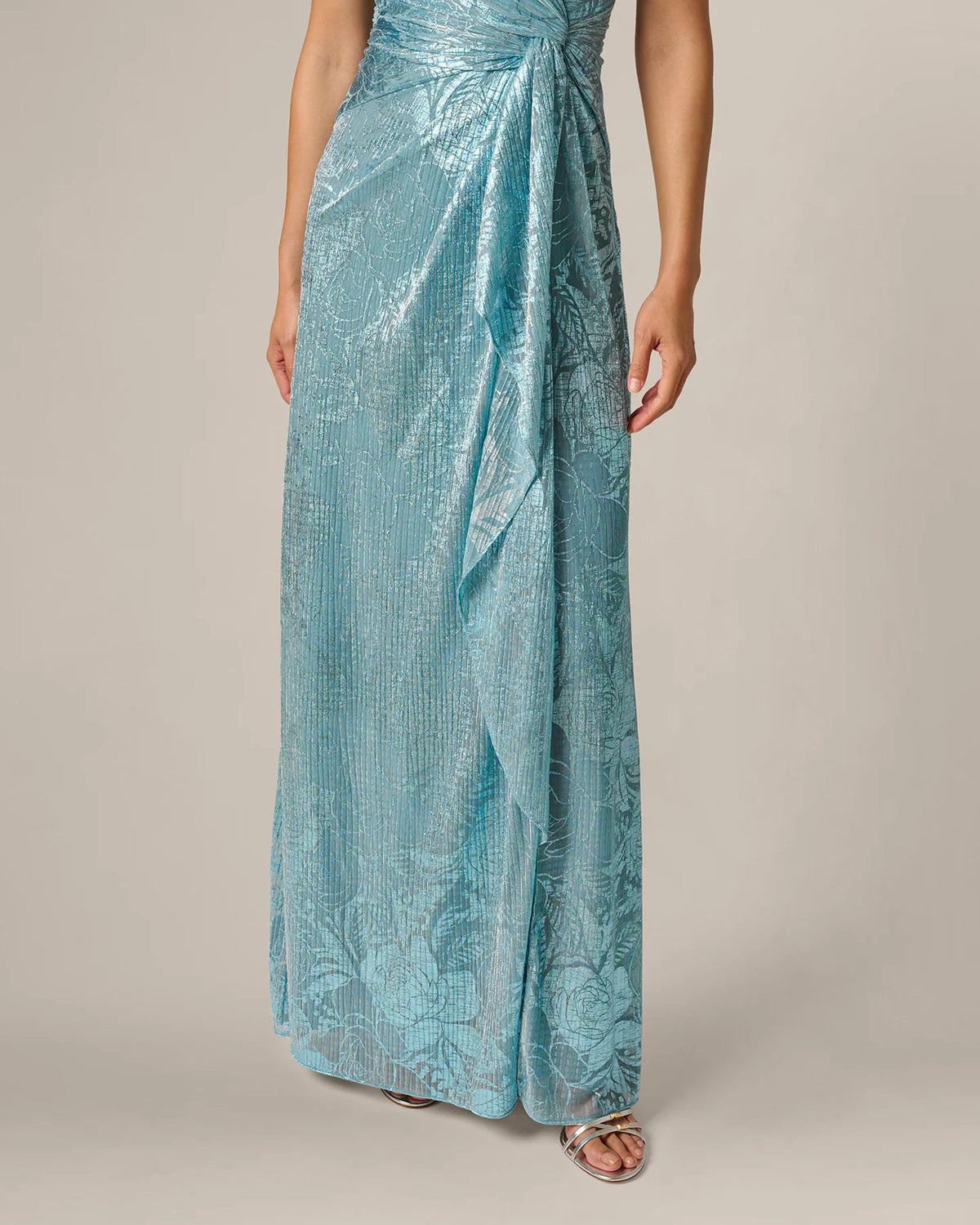 Teal floral print maxi skirt with draped wrap detail and side slit