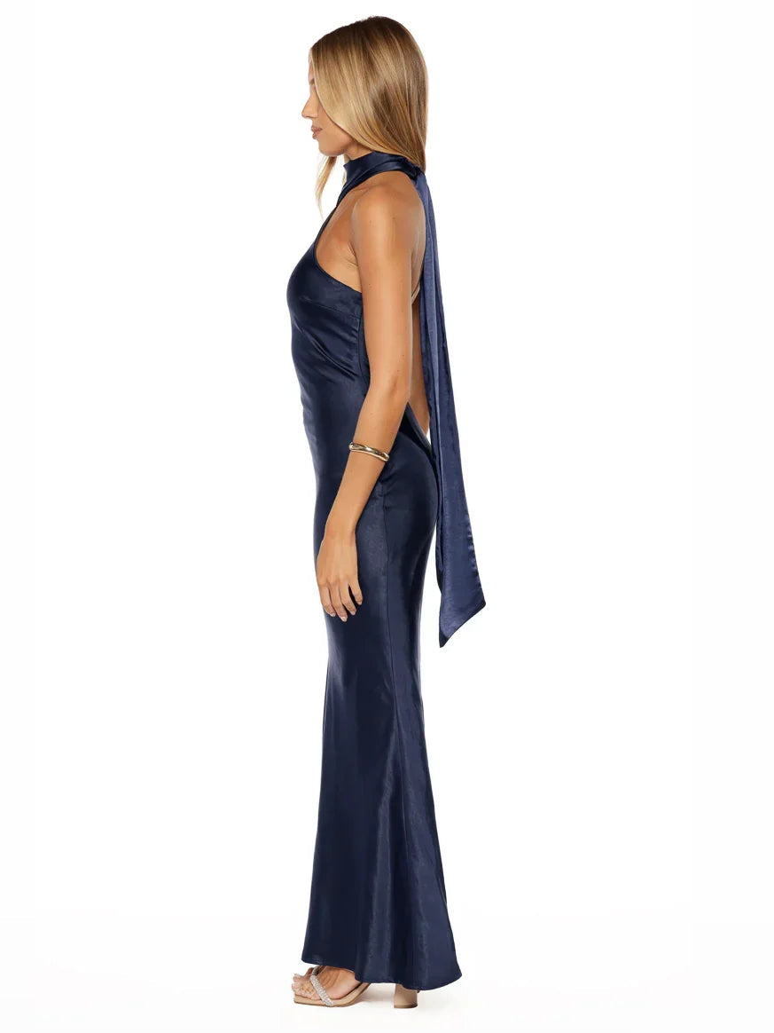 Dark navy satin halter backless mermaid maxi dress, open back with long sash detail