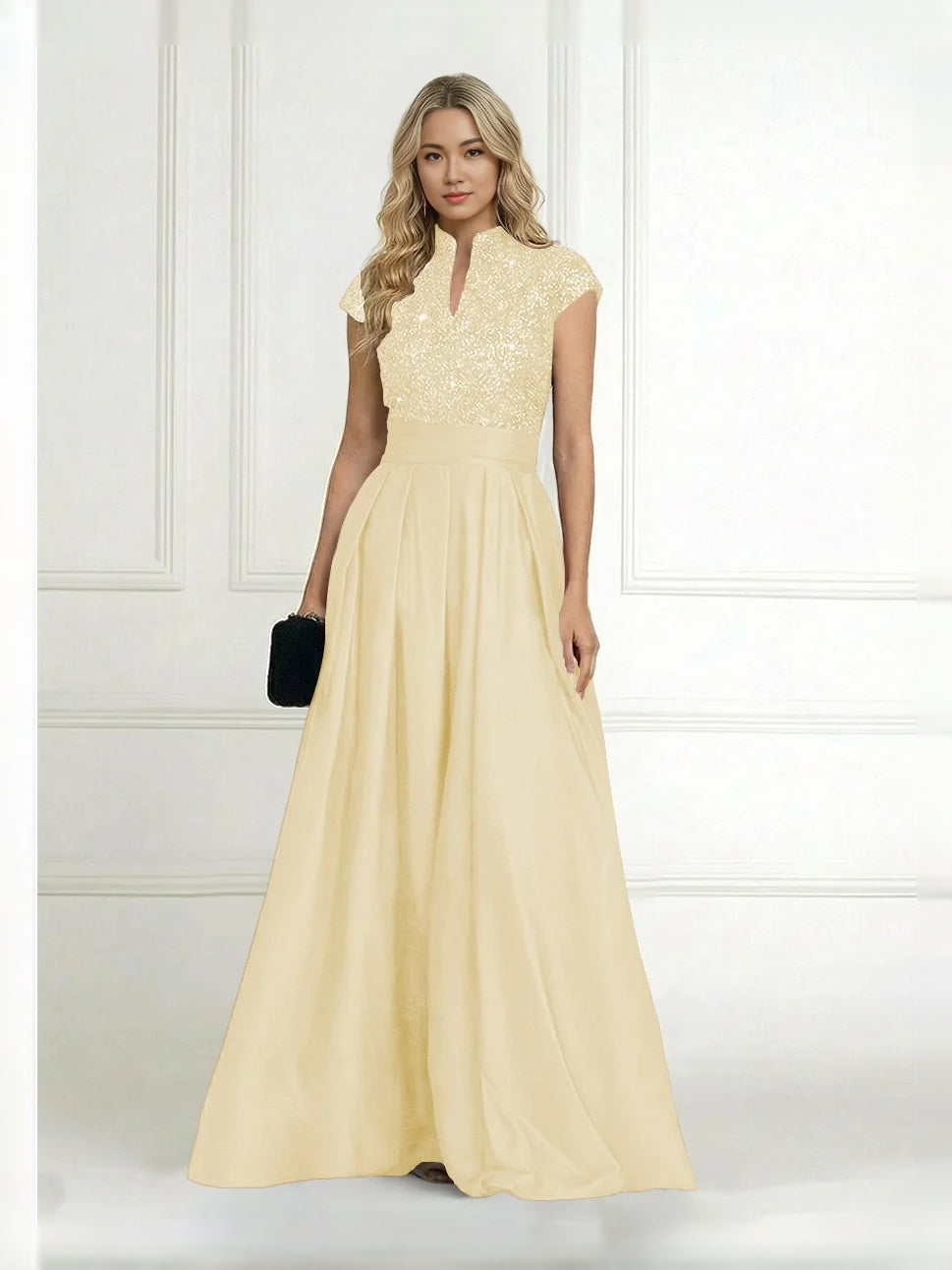 Light ivory pleated sequin high-neck A-line satin gown with cap sleeves, floor length