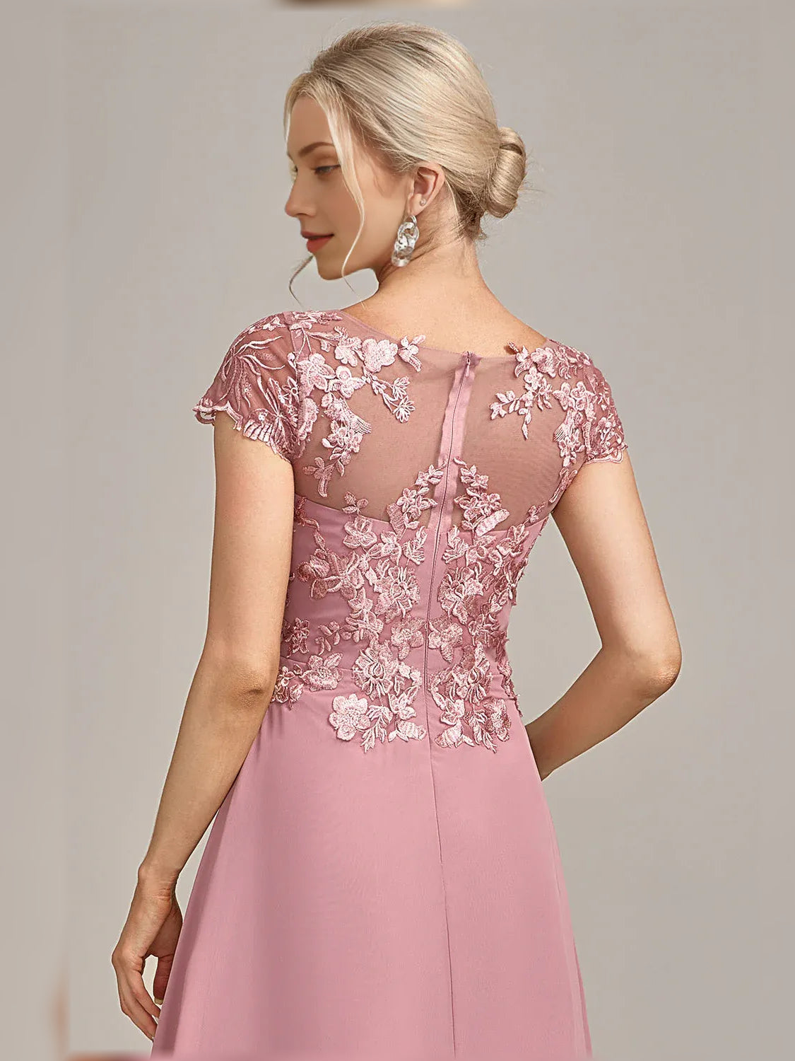 Dusty rose A-line chiffon dress with sheer floral lace back and cap sleeves.