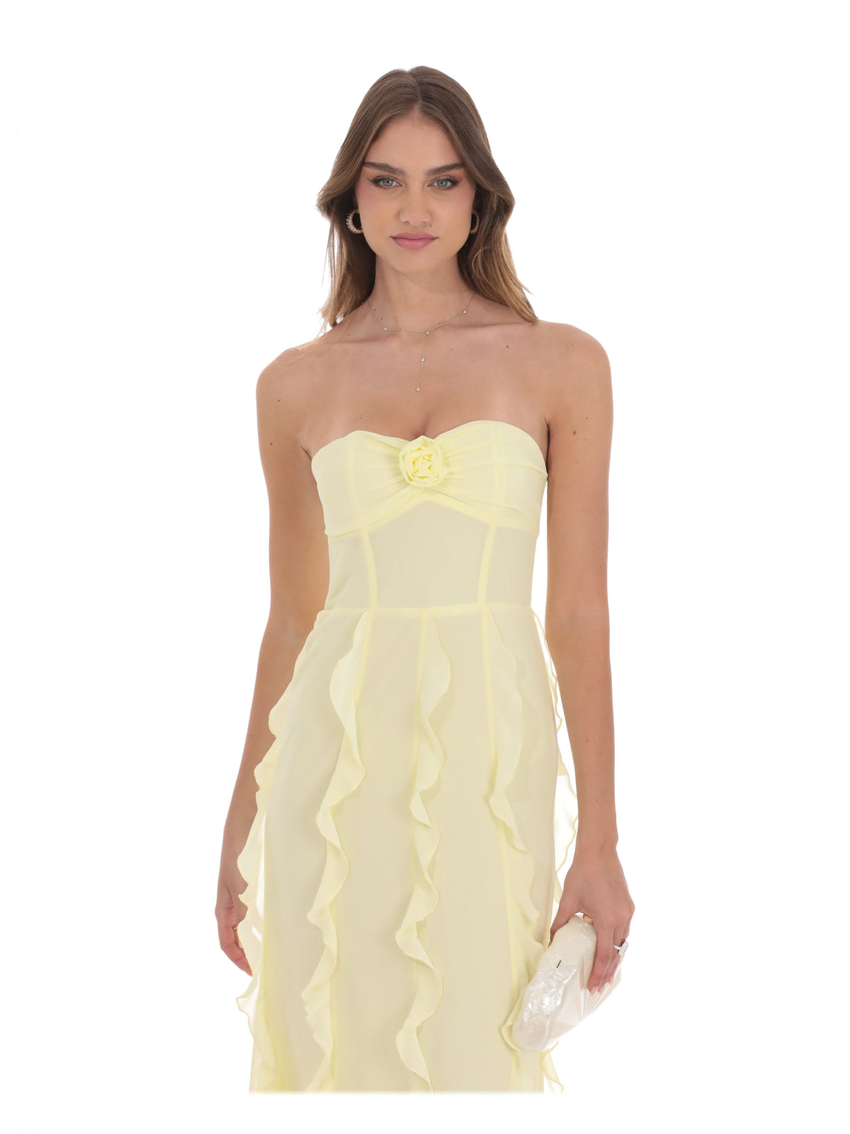 Yellow strapless A-line maxi chiffon dress with rosette at bust and soft ruffle panels