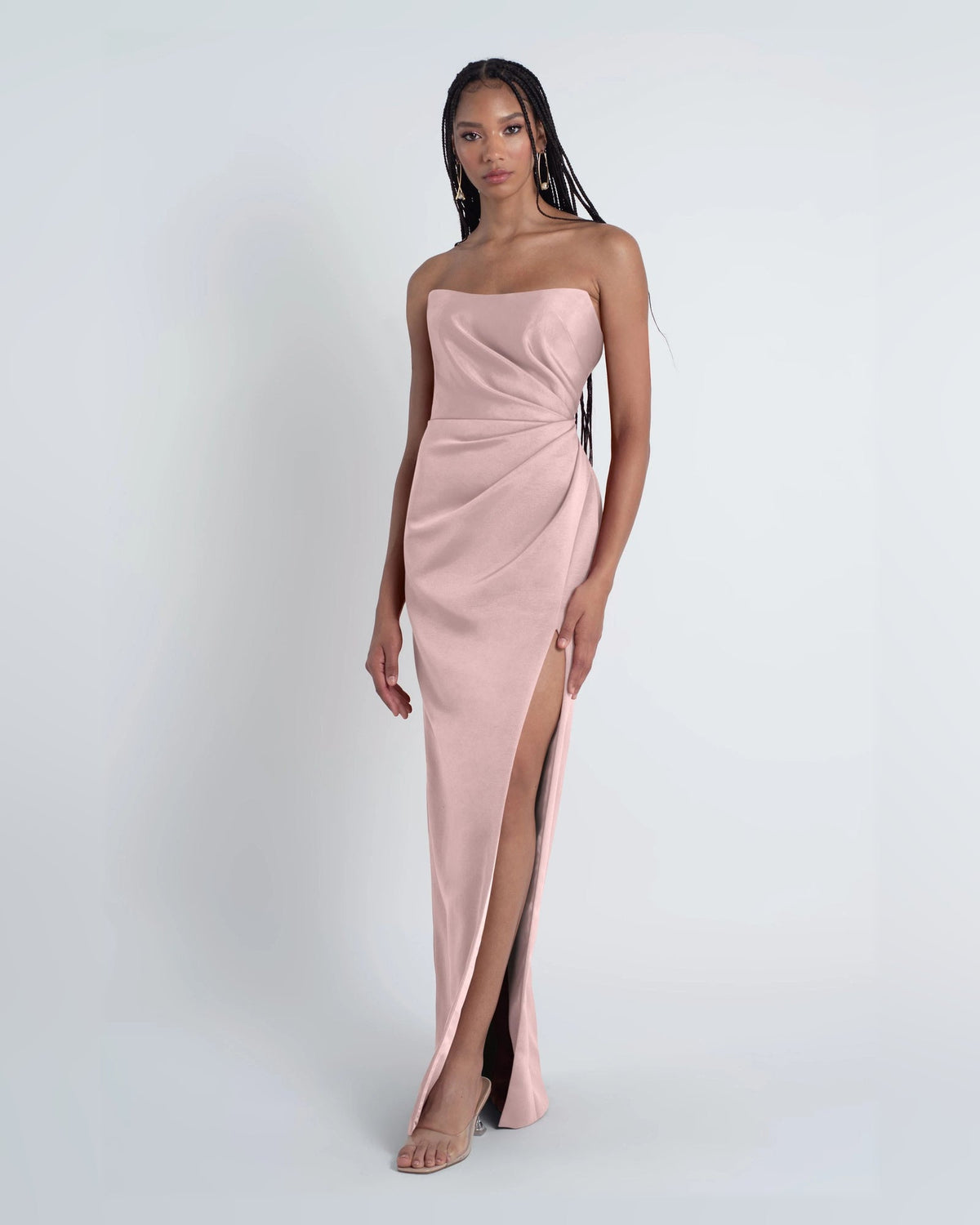 Light pink off-shoulder A-line formal dress, floor-length with draped skirt and side slit