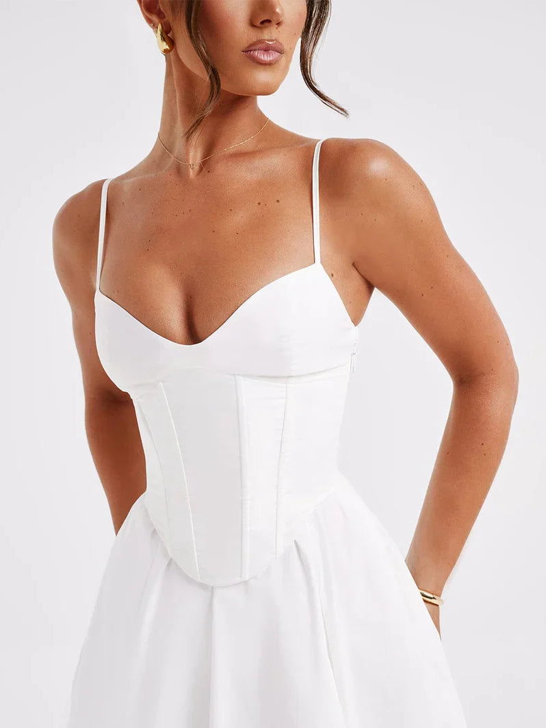 White sweetheart corset A-line tea-length formal dress with spaghetti straps