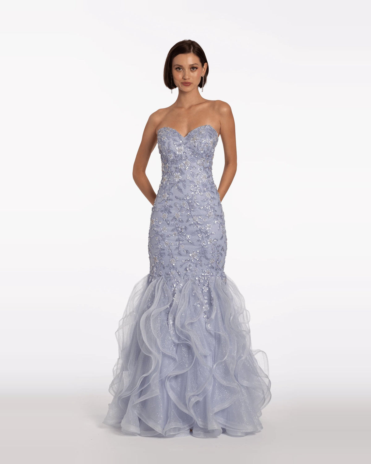 Strapless sweetheart mermaid maxi prom dress, light purple, fitted beaded silhouette with dramatic tulle ruffles
