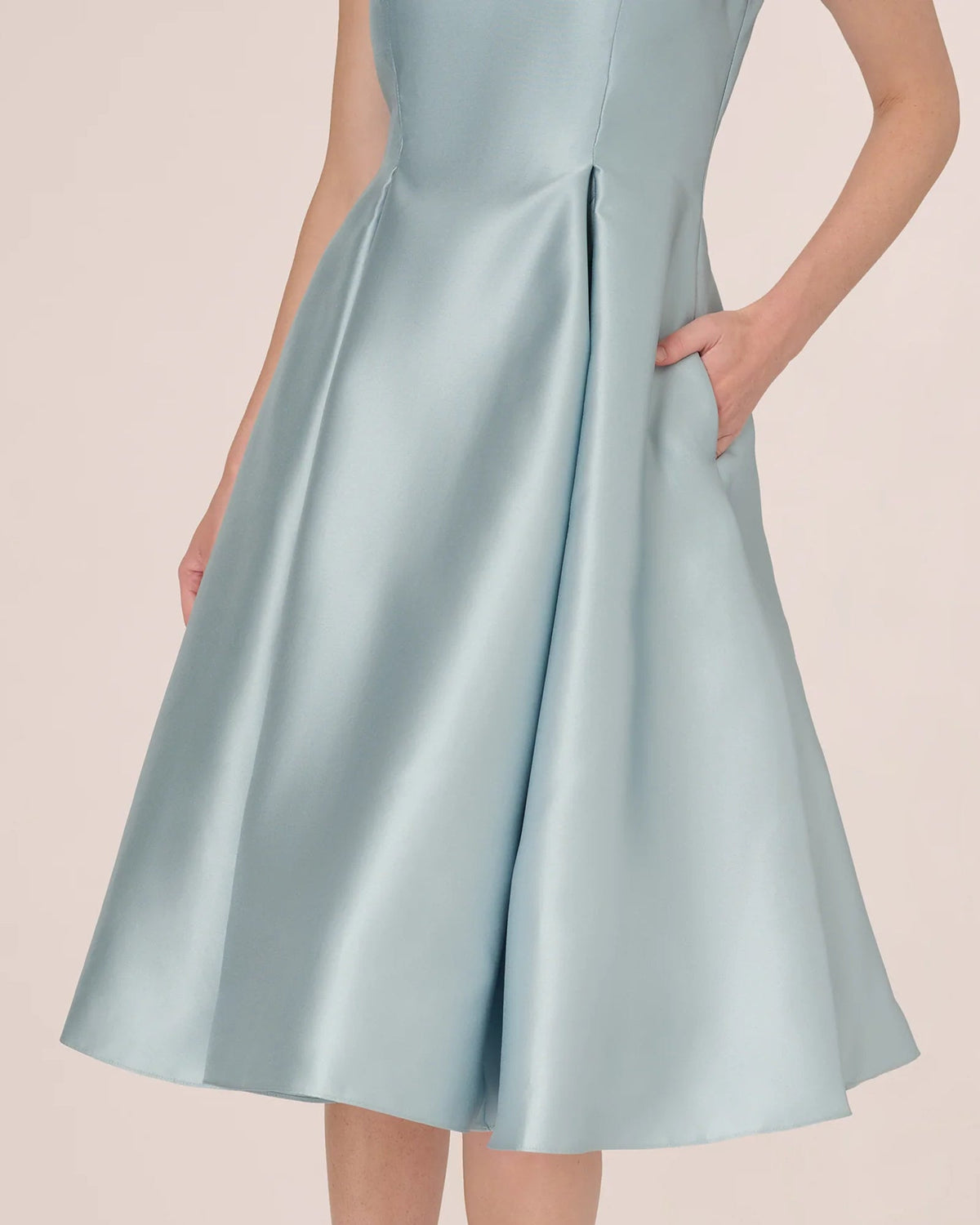 Pale blue A-line midi dress with V keyhole cutout at the chest