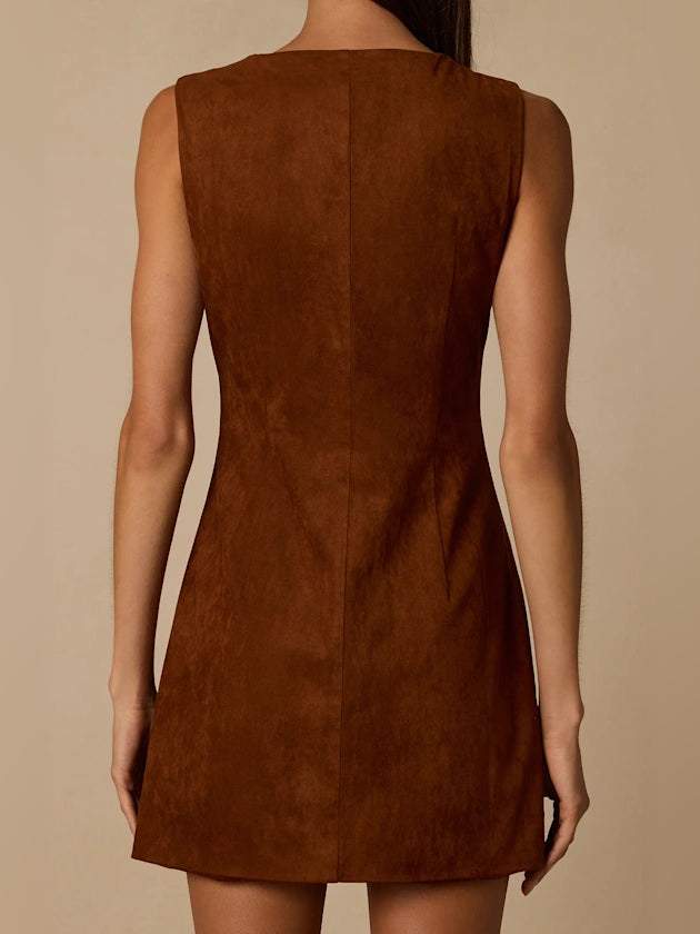 Brown suede V-neck mini dress back view, sleeveless with tailored seam