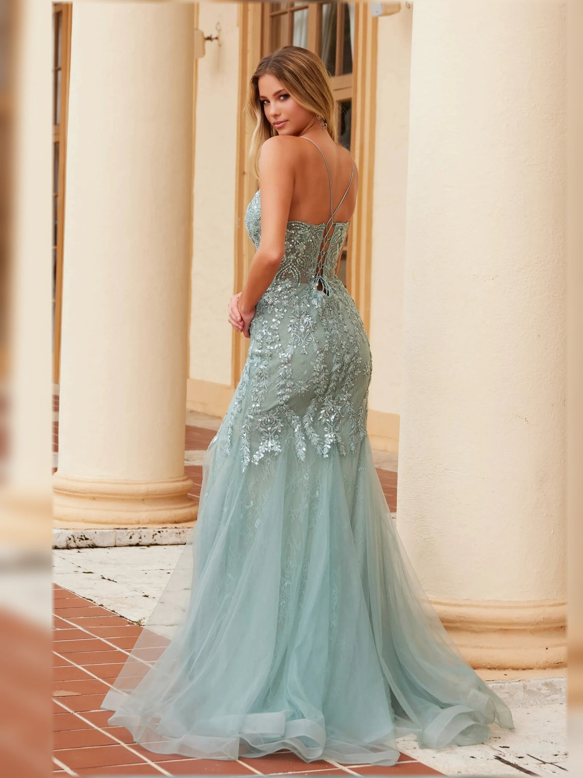 Floral print v-neck corset formal dress, dusty sage, back view with lace bodice and slit