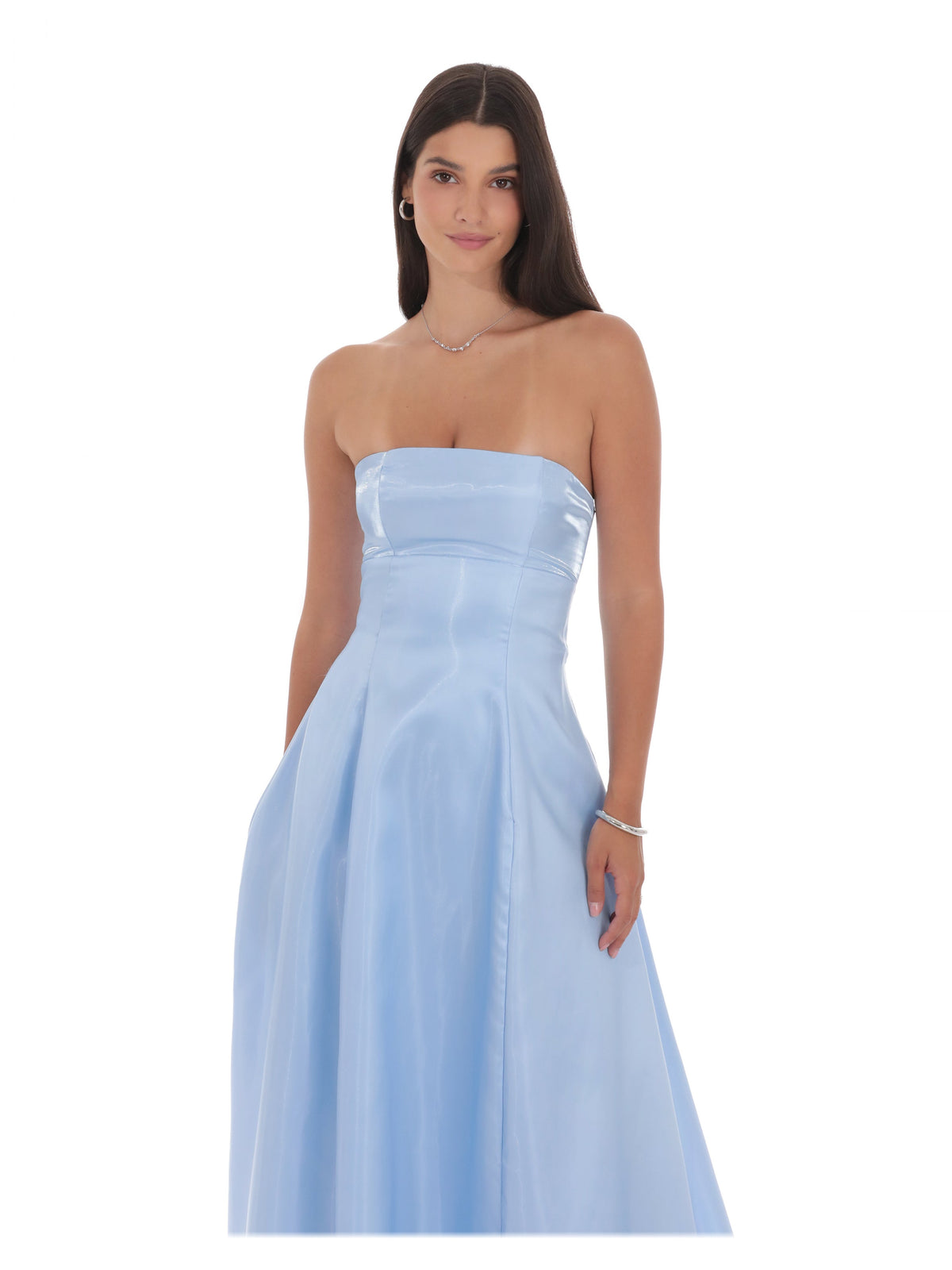 Blue bridesmaid dress with empire-waist detailing