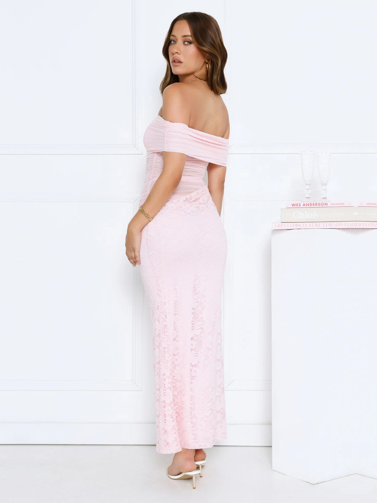 Pink sheath maxi formal dress with one-shoulder neckline, alternate view showing the waist