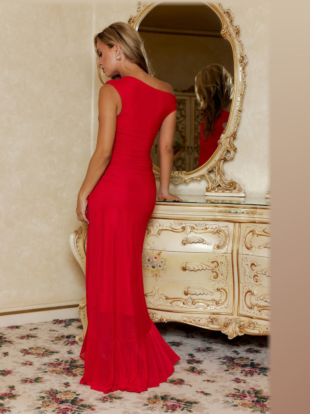 Red formal dress with a-line detailing