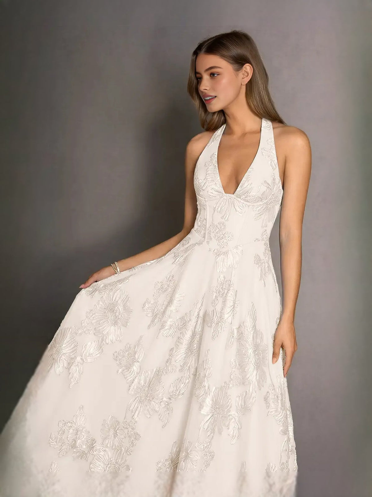 Ivory halter neck floral lace A-line midi prom dress, V front and textured skirt