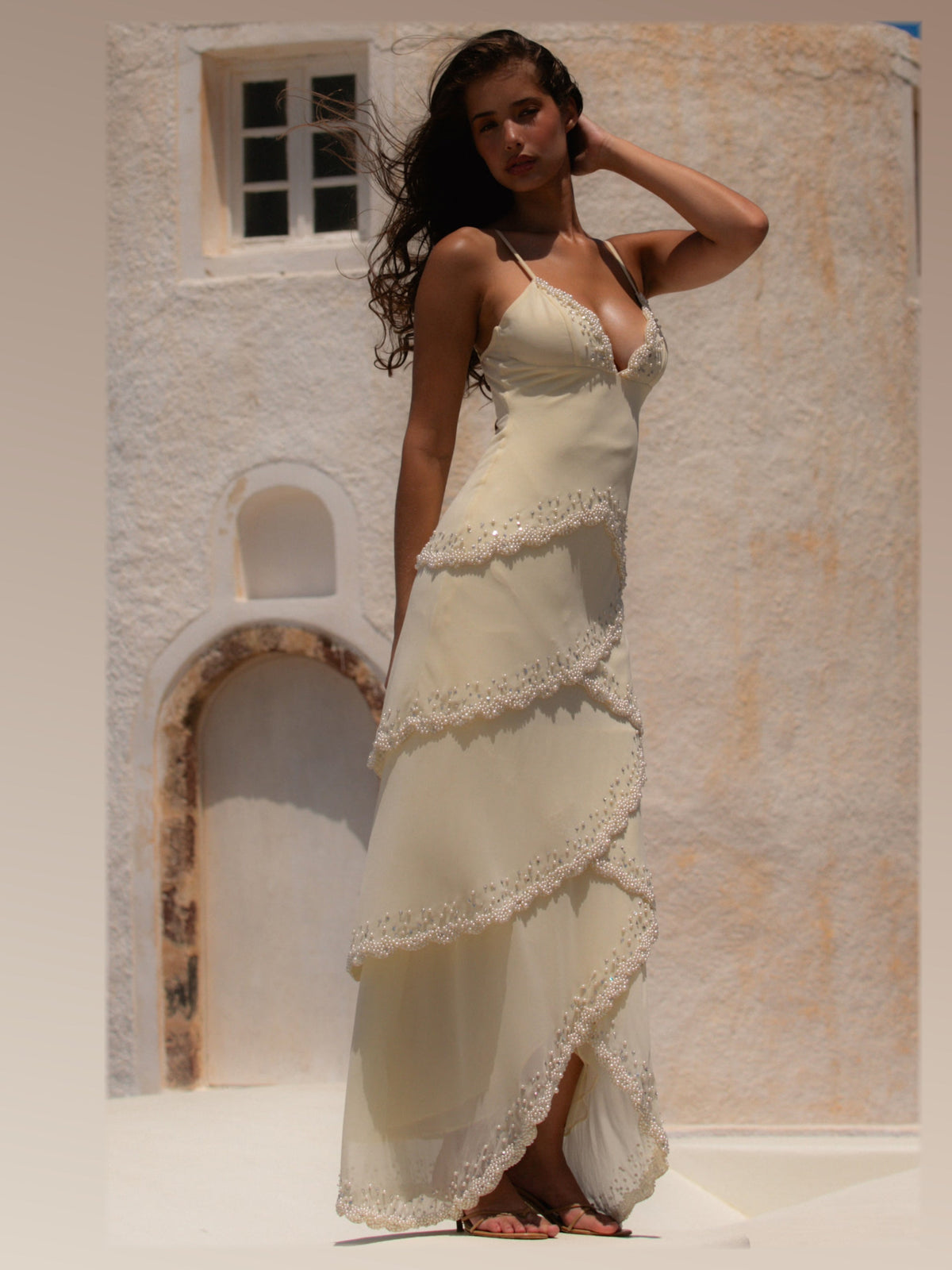 Vanilla formal dress with tiered detailing