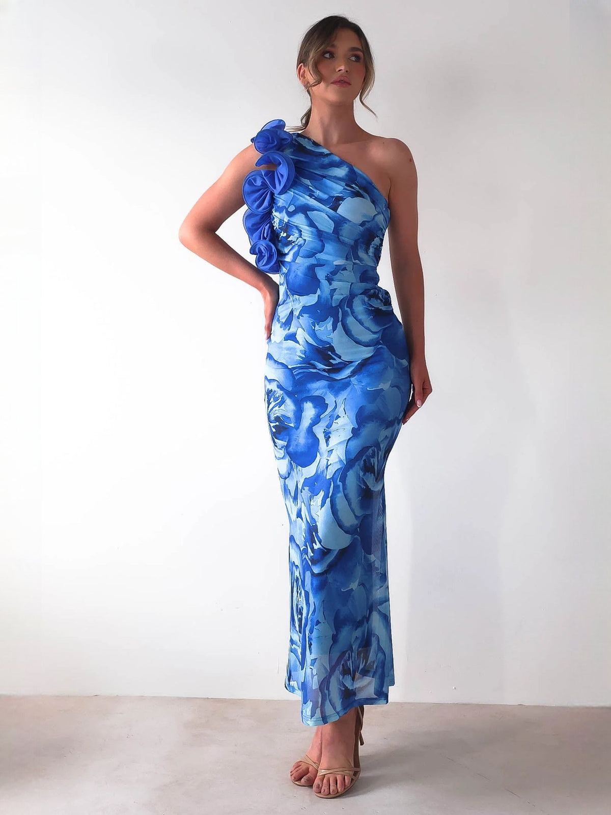 Blue sheath maxi formal dress with ruffle details, alternate full-length view