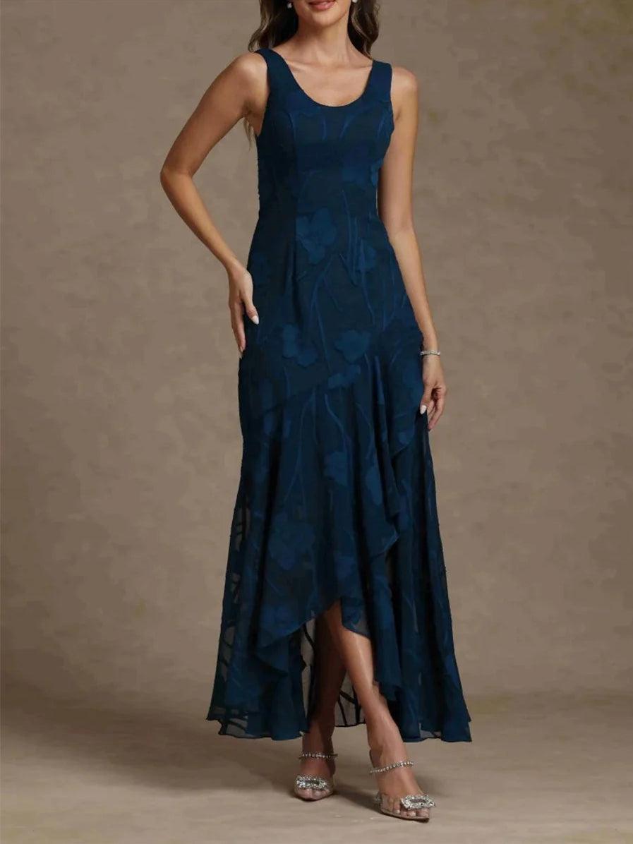 Navy floral V-neck sleeveless chiffon A-line high-low mother dress with ruffled layers