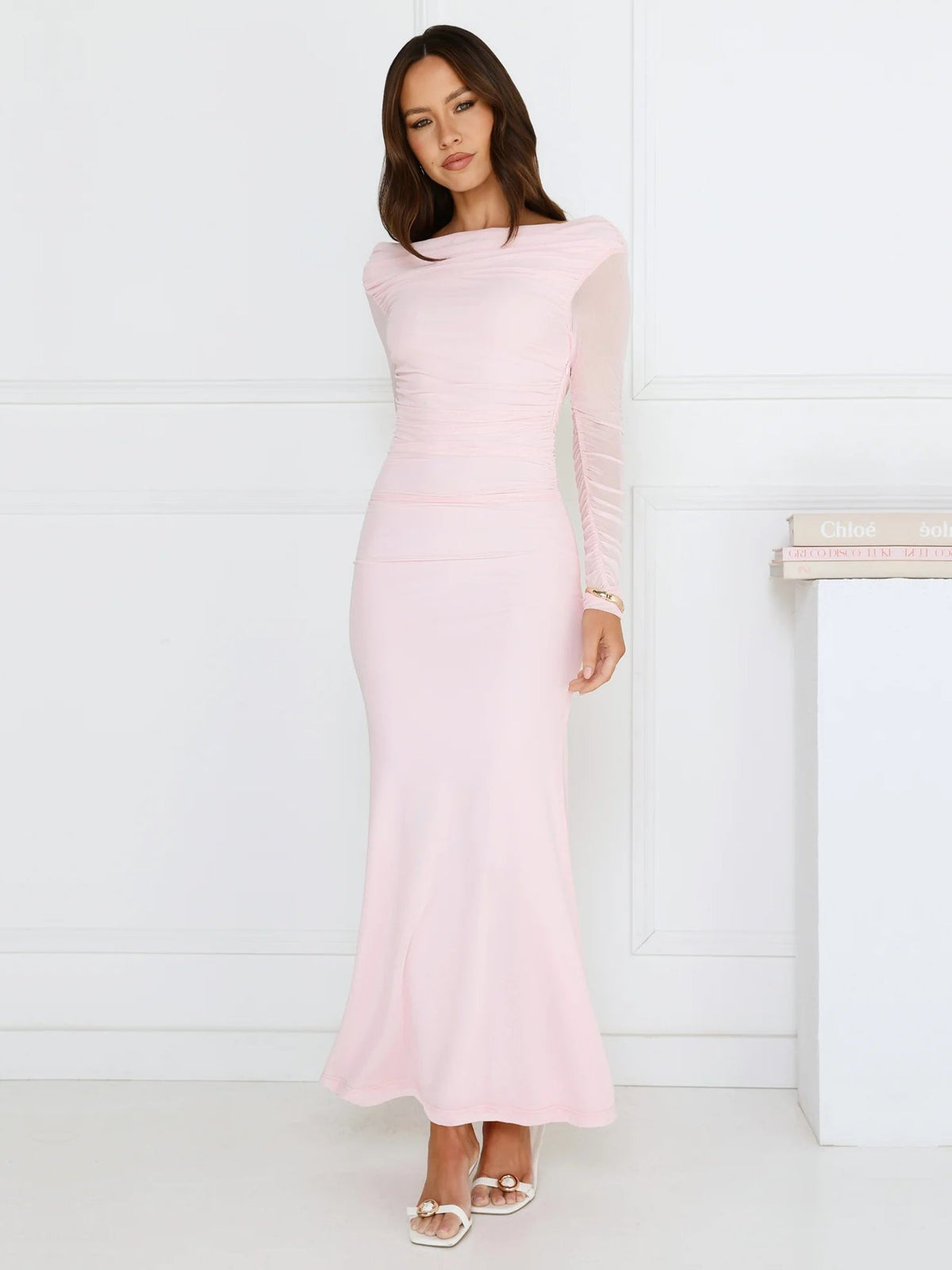 Pink sheath maxi formal dress with sheath, alternate view showing the waist